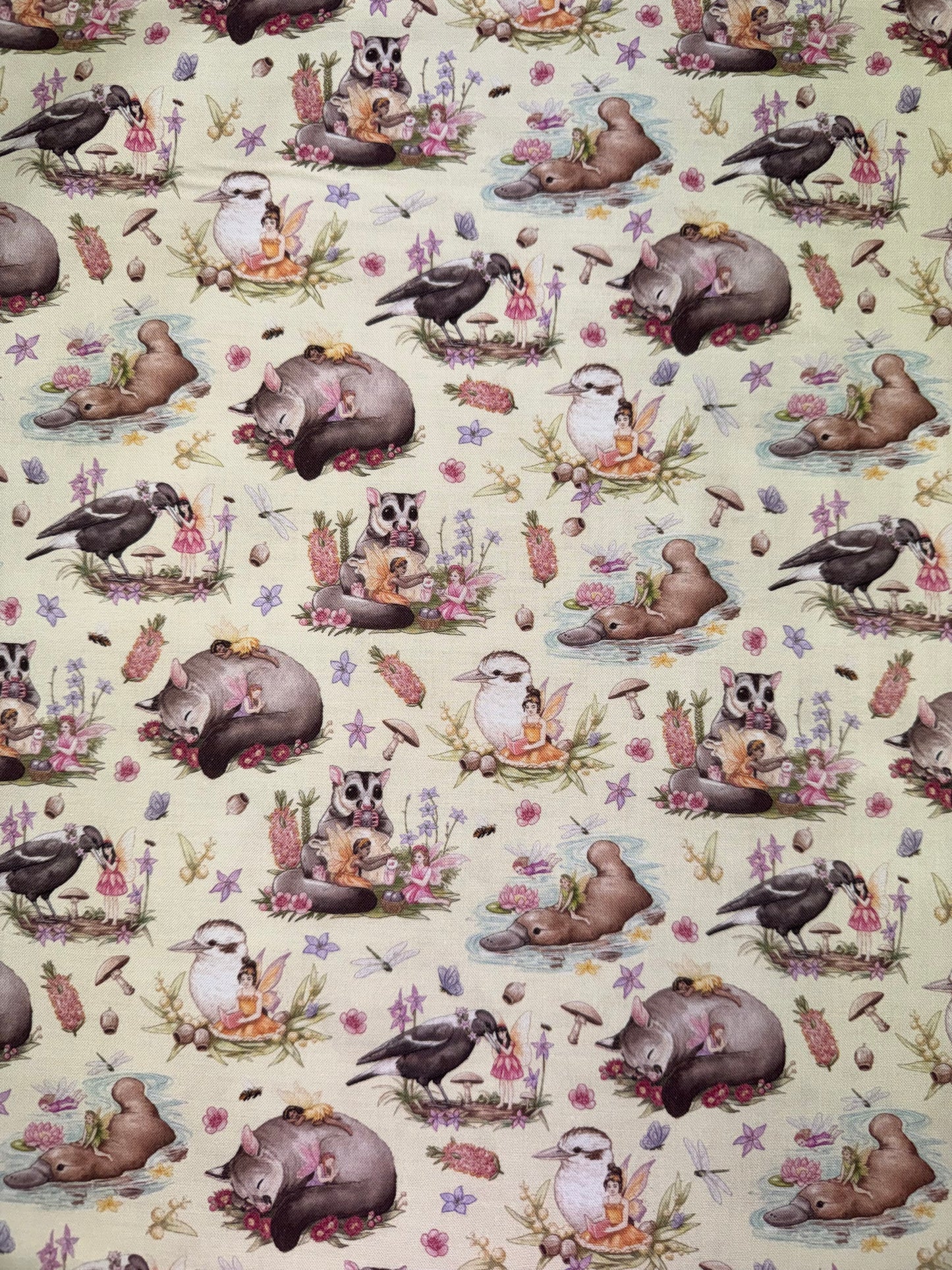 DV5606 Australian Fairy Friends Allover Fabric Cream background