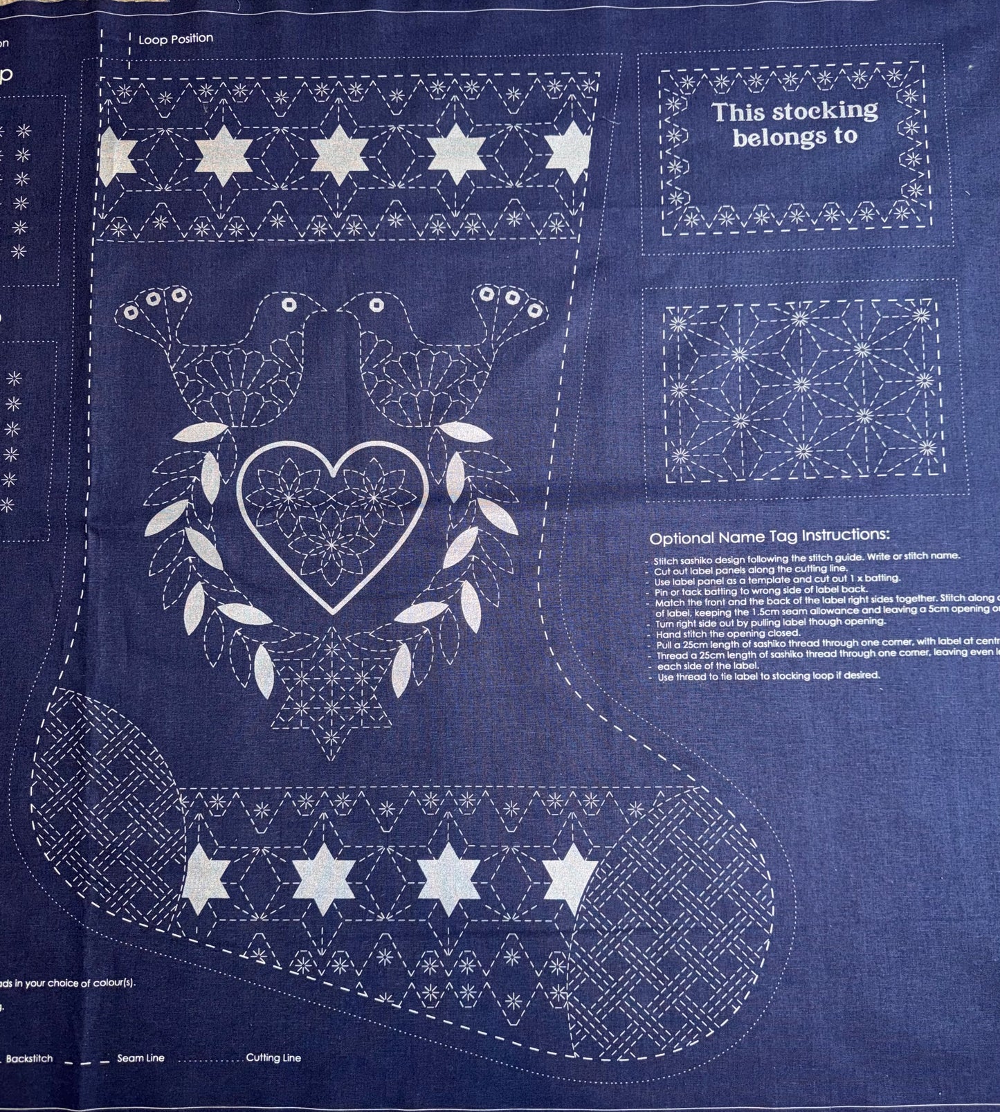 DVC1002 Sashiko Christmas Stocking Panel Navy with Silver Accents
