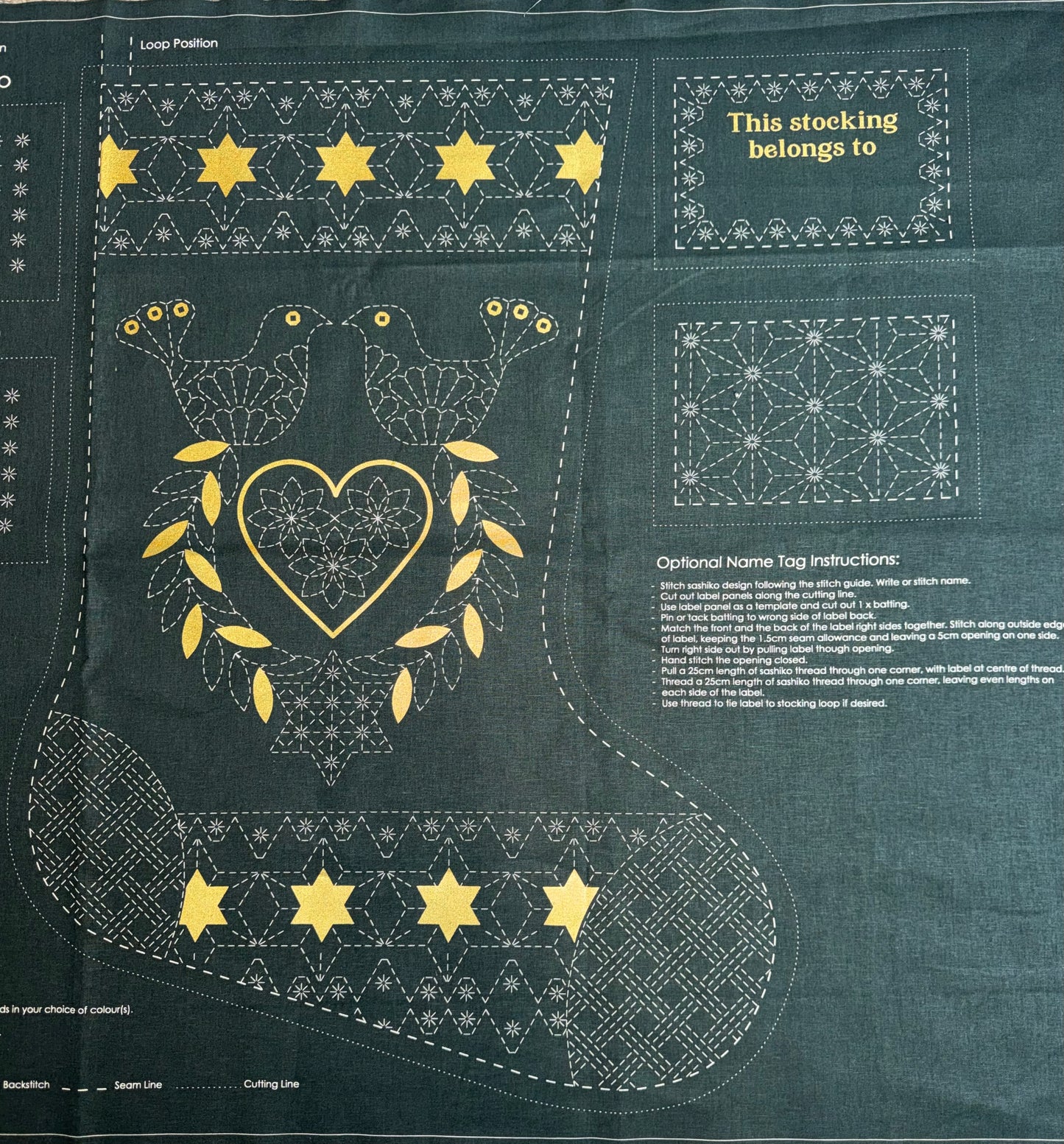 DVC1002 Sashiko Christmas Stocking Panel Green with Gold Accents