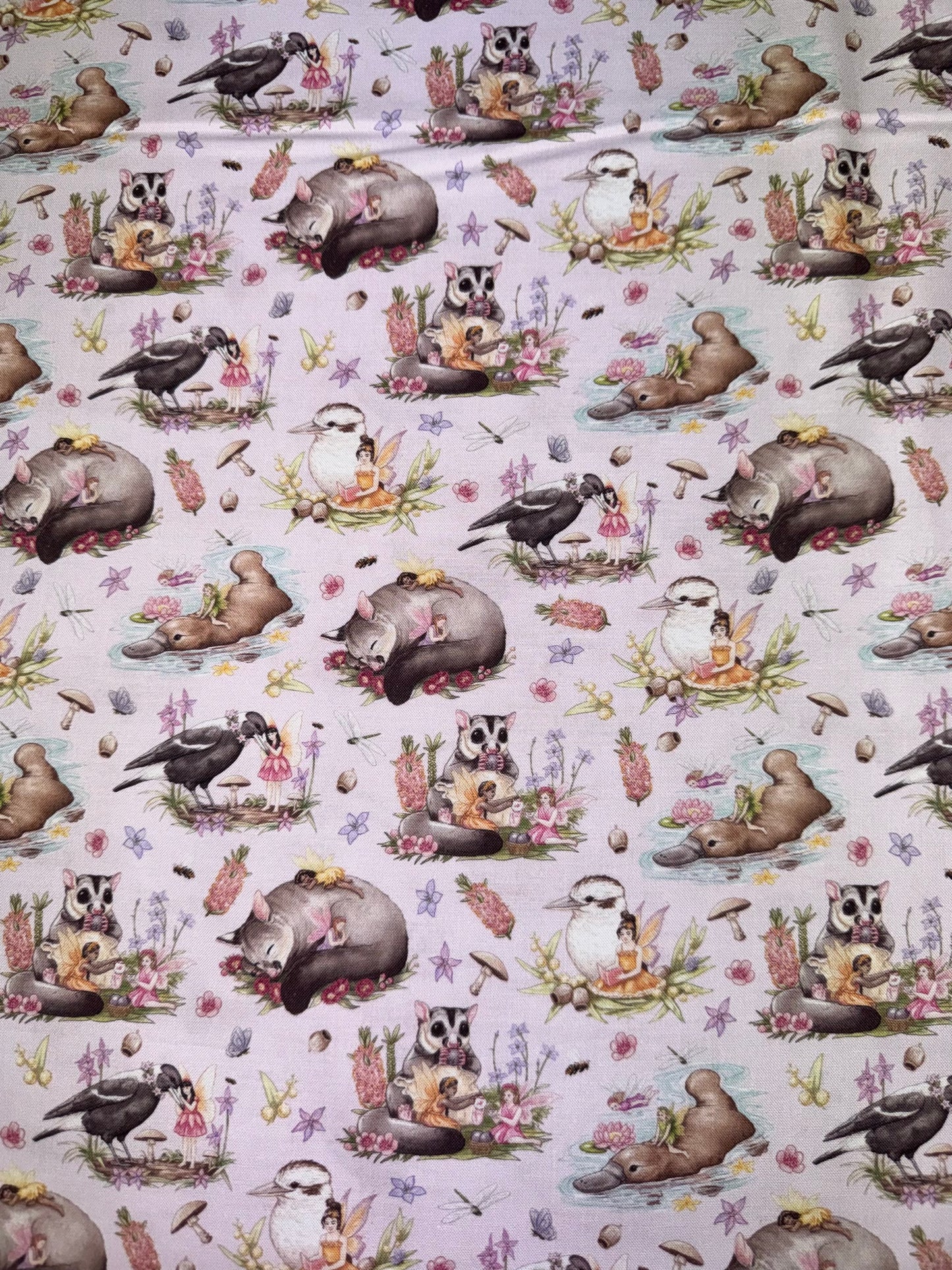 DV5604 Australian Fairy Friends Allover Fabric Pink background