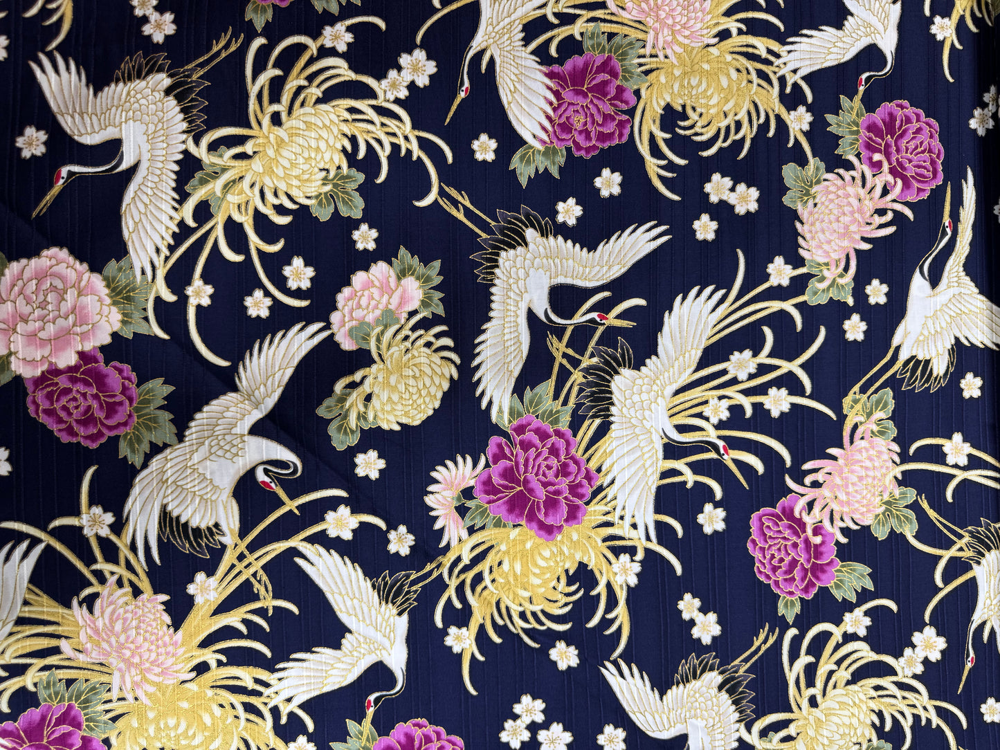 Japanese Cream Cranes and Flowers on Blue