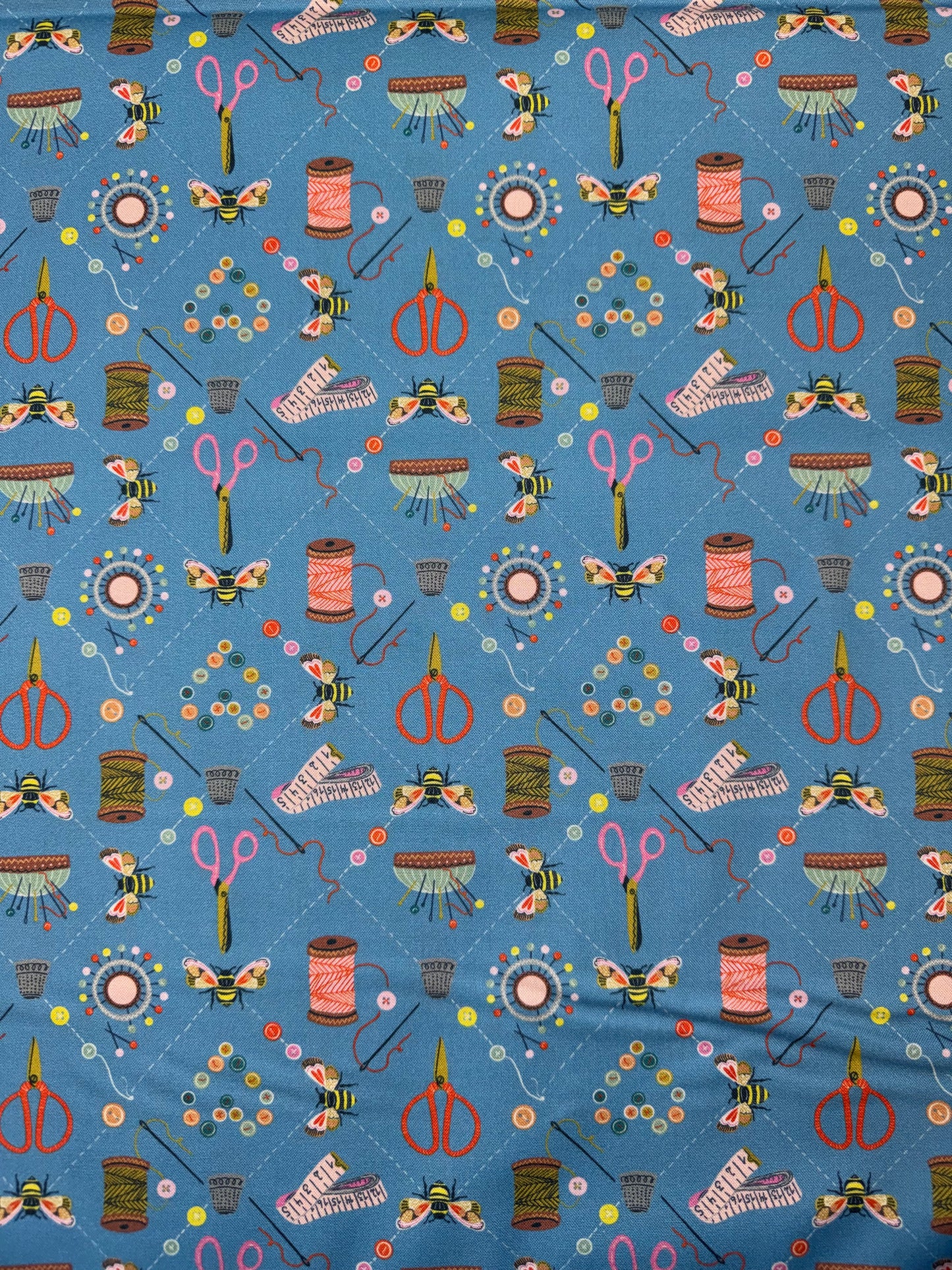 Country Sewing Club - Sewing Notions on Blue Background DV1037