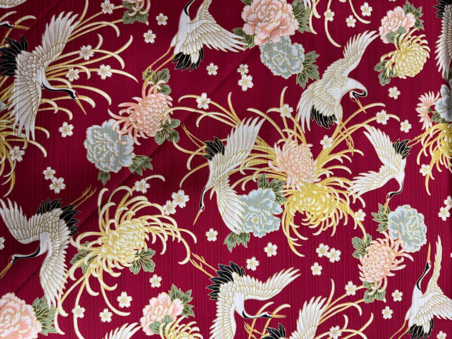 Japanese Cream Cranes and Flowers on Red