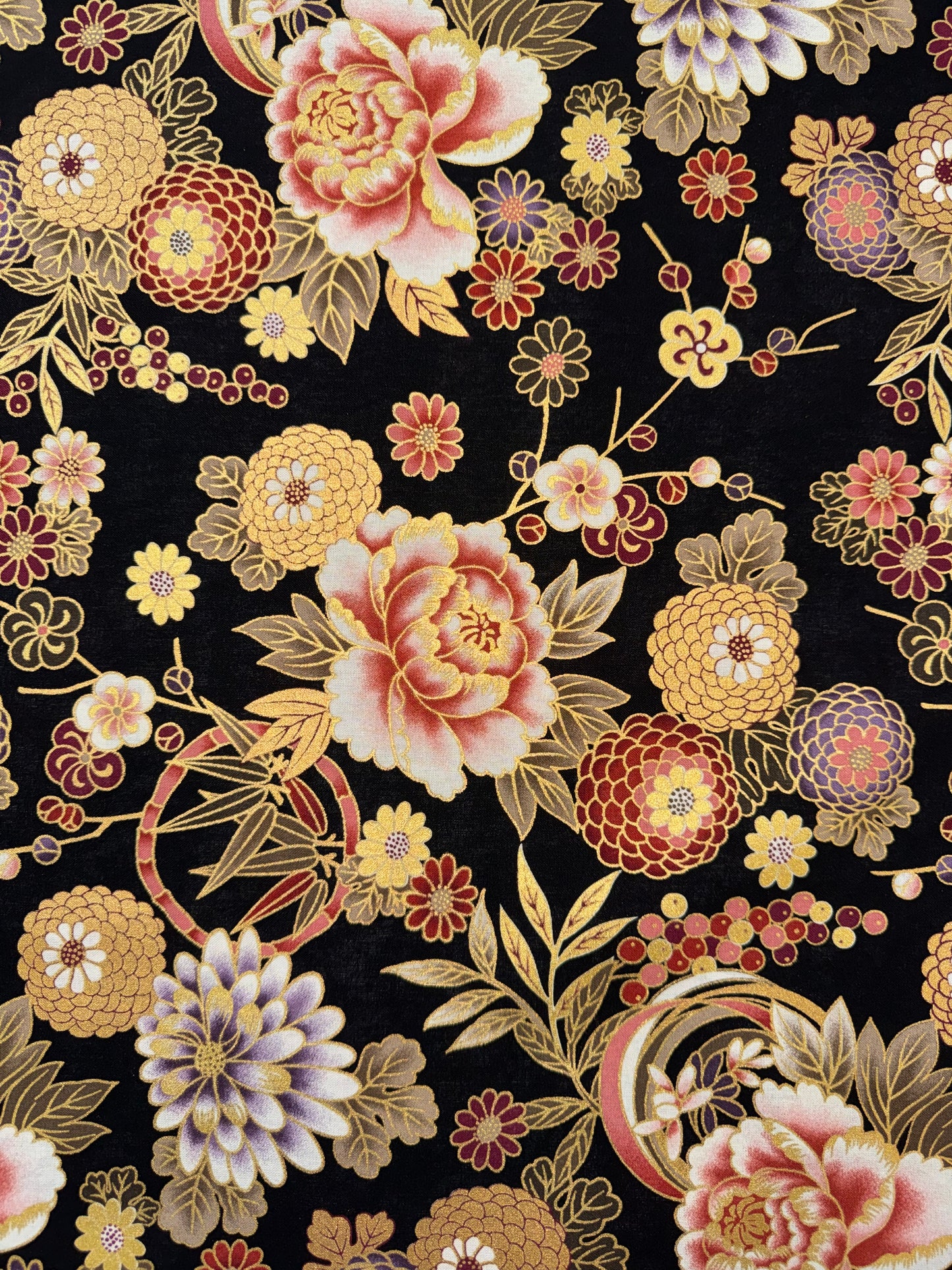 Kochi Black - Multicoloured Flowers with Gold Trim