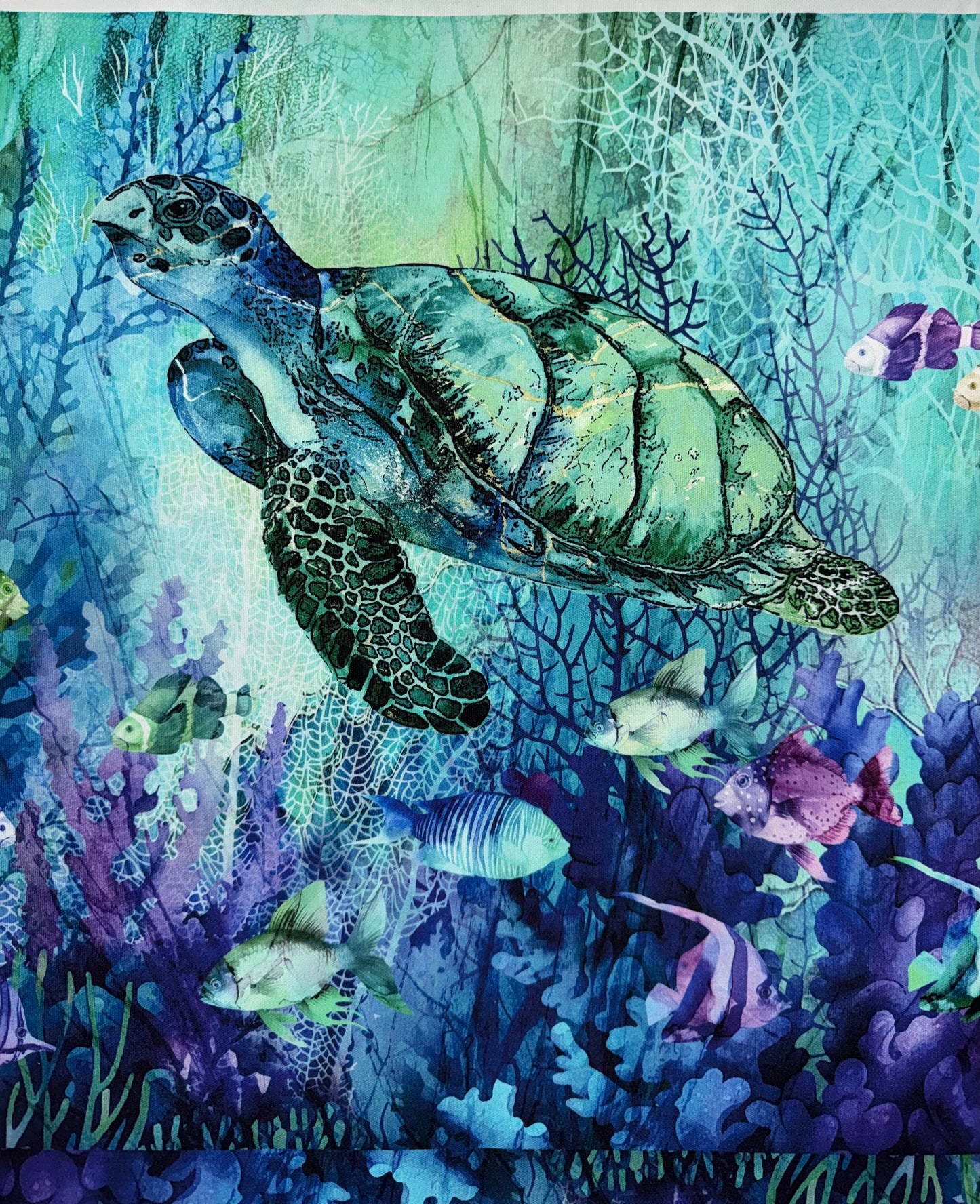 Coral Reef - Canvas Bag Panel - Turquoise Turtles.