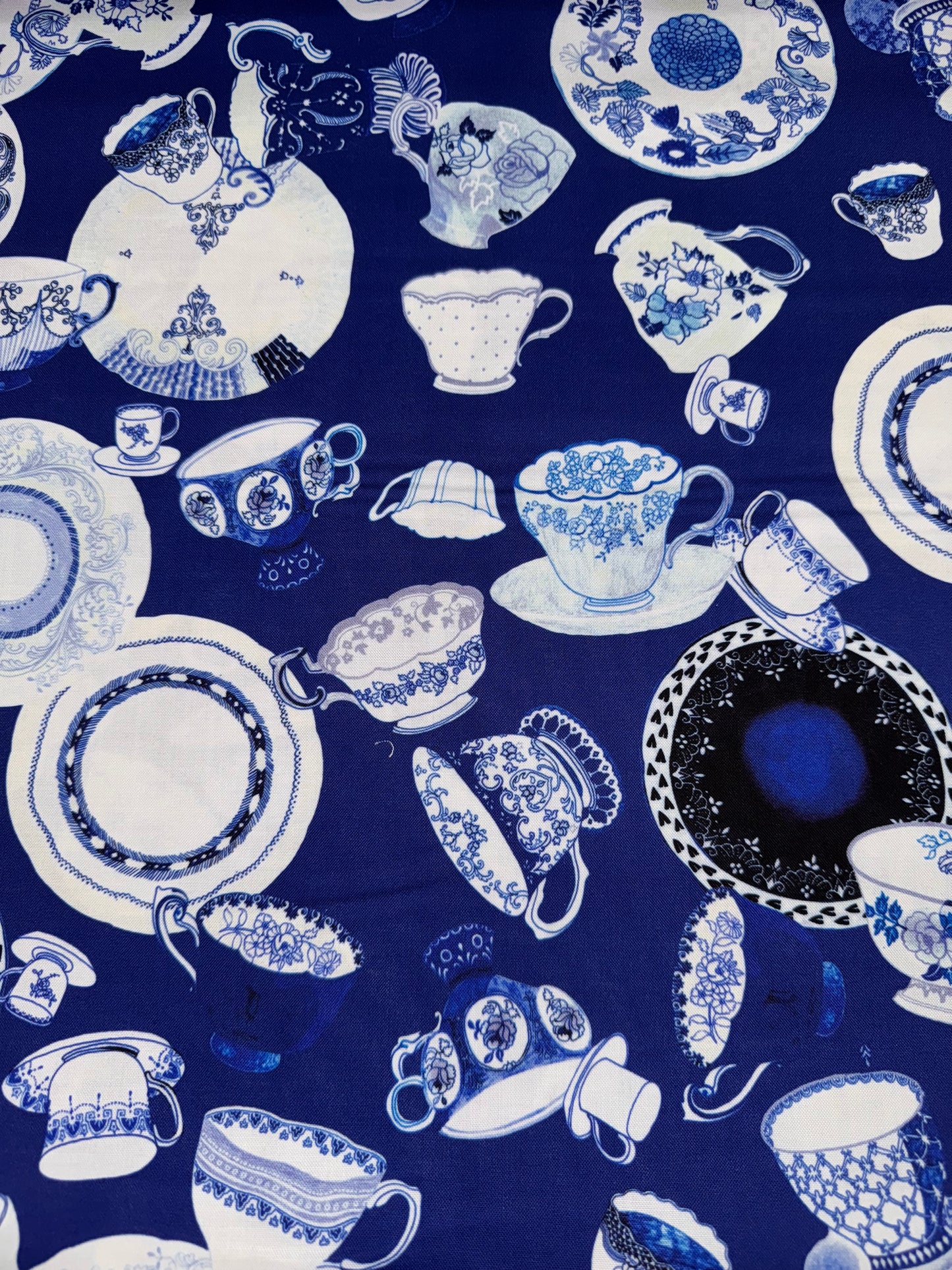 Tea House - Blue and White Teacups on Delft Blue Background