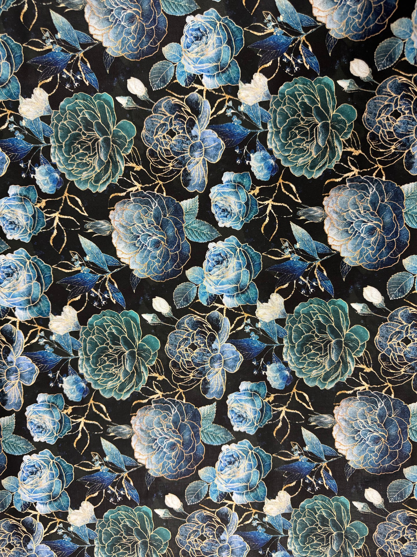Gilded Wings - Allover on Dark - Blue Flowers