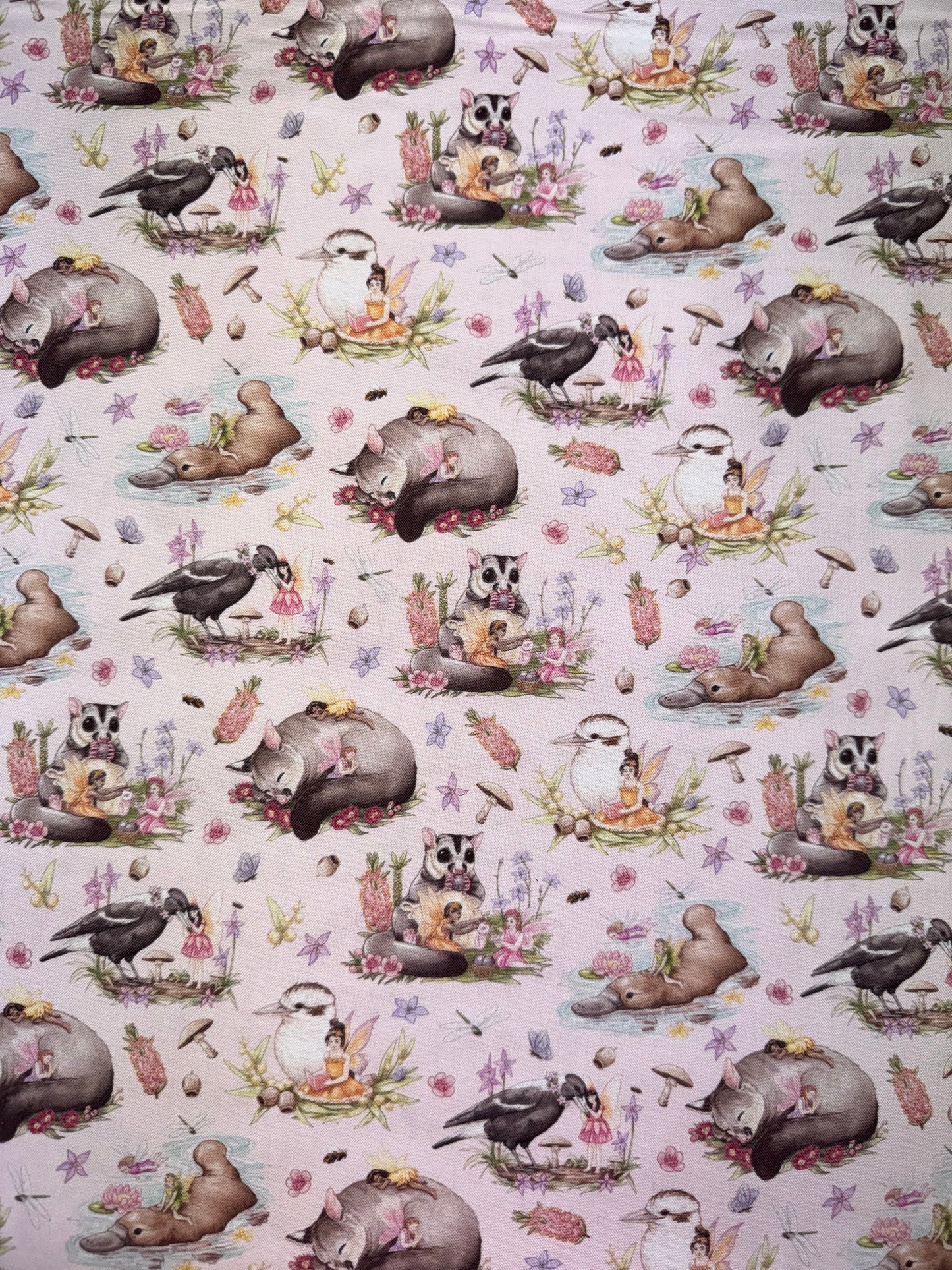 DV5605 Australian Fairy Friends Allover Fabric Mauve background
