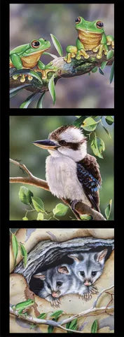 Natalie Jane Parker Fabric Panel - Green Tree Frogs, Kookaburra, Pygmy Possums DV3174