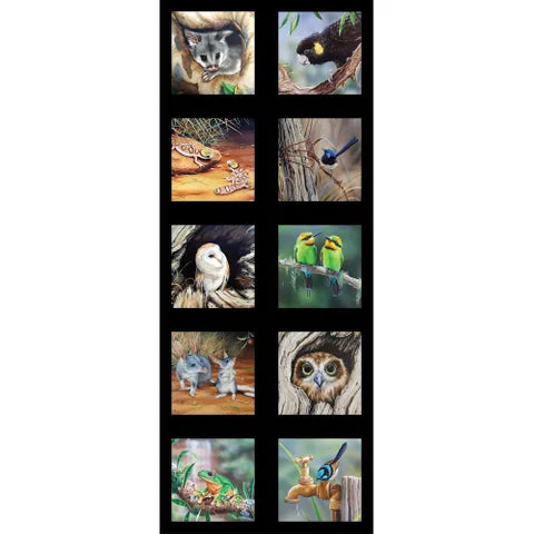 Natalie Jane Parker Fabric Panel - 10 Mini pictures - Pygmy Possum, Cockatoo, Lizard, Blue Wren, Owl, Kingfisher, Bilby, Green Tree Frog and Willy Wagtail. DV3708