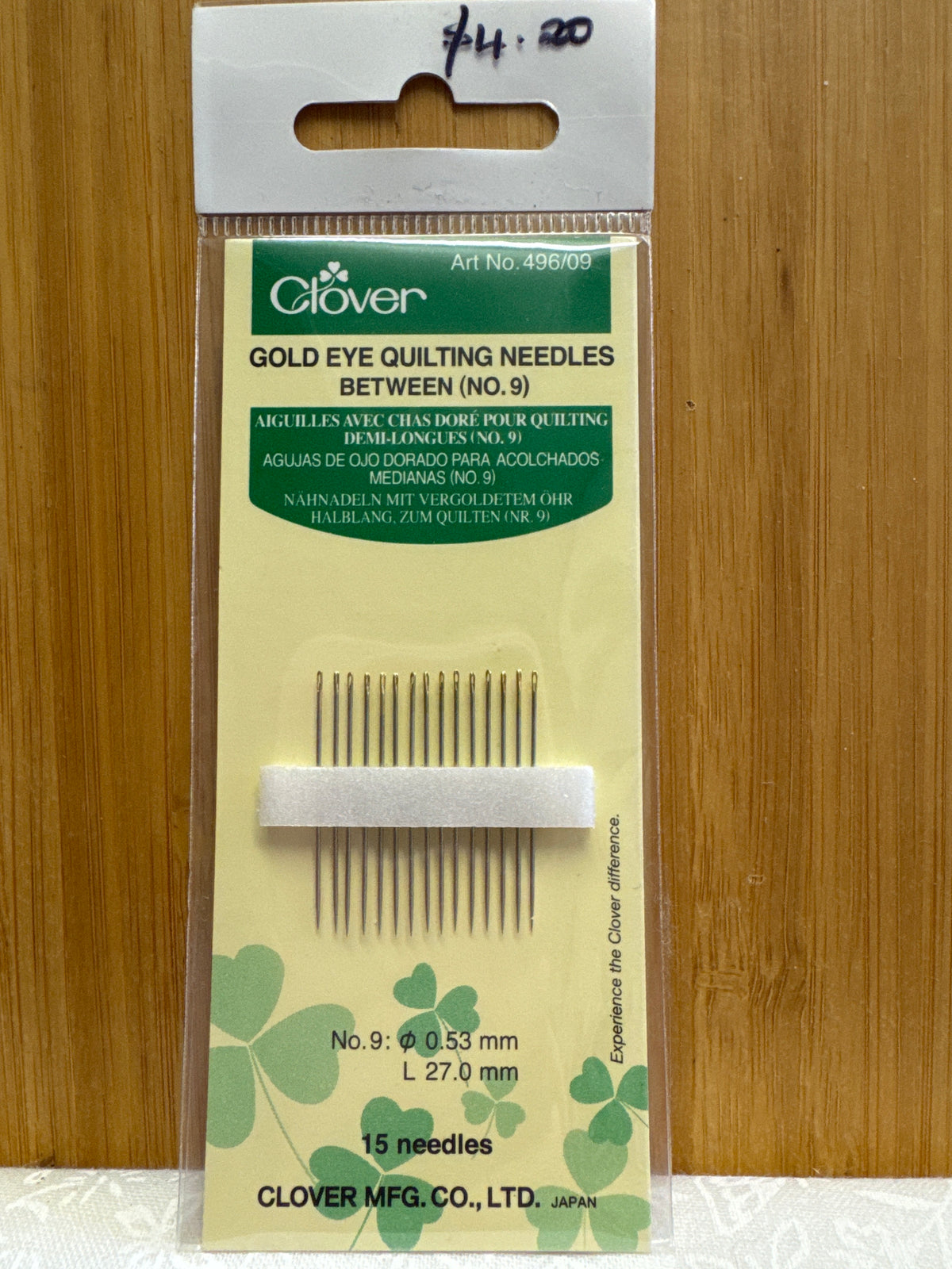 Clover Hand Needles Gold Eye Quilting Between - Size 9 - 15 pieces