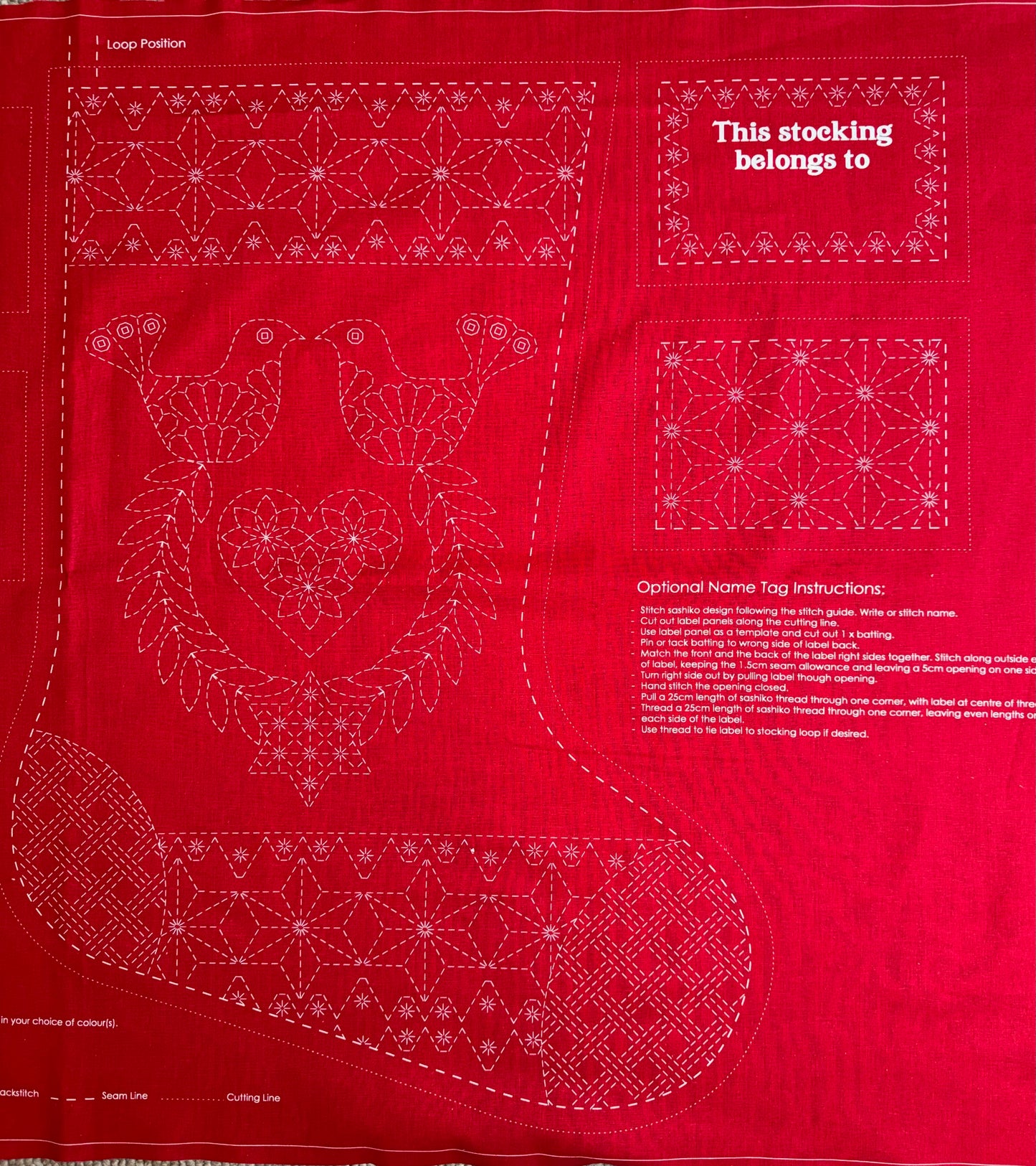 DVC1001 Sashiko Christmas Stocking Panel Red