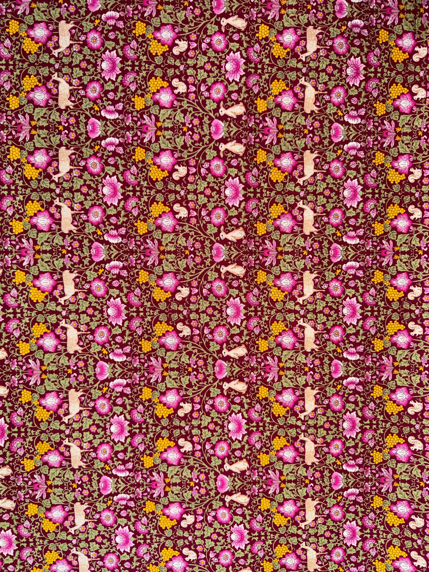 William Morris Pink Floral with Deers and Squirrels and Rabbits. Small Scale print.
