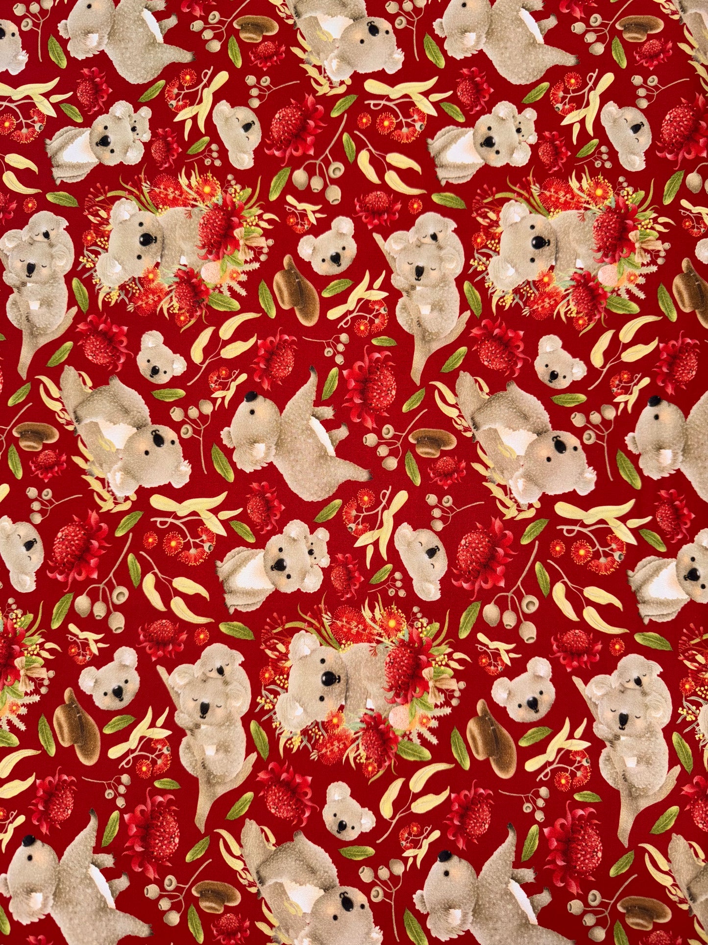 DV6959 Jen Digital Christmas Australian Koala and Waratah fabric on Red