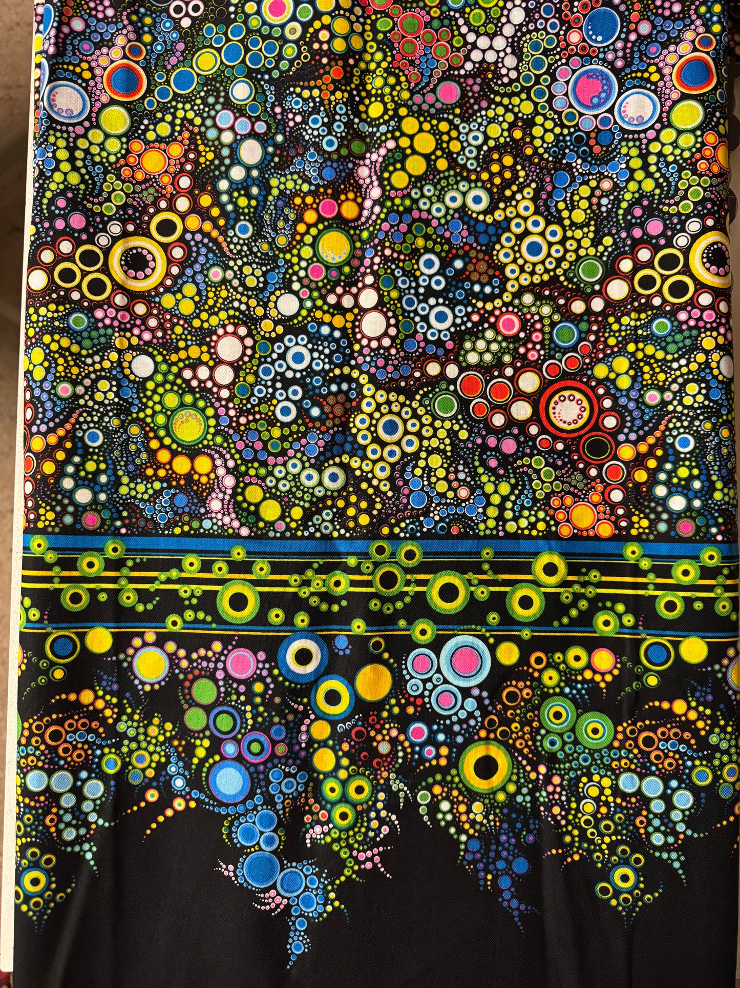 Robert Kaufman - Effervescence Border Print - Blues, Greens and Yellow on Black.