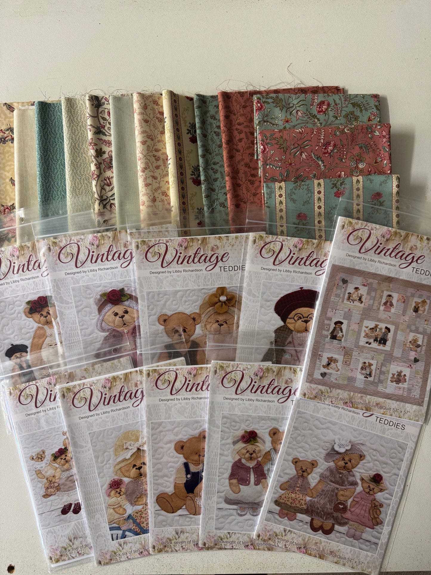 Vintage Teddies by Libby Richardson - Quilt Kit - 10 Patterns and Fabric set 57" x 57"