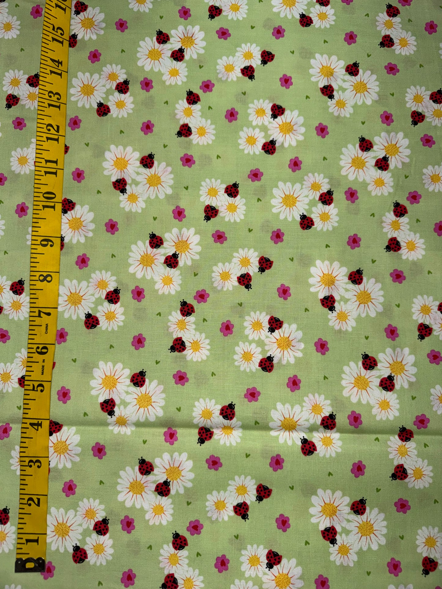 Little Ladies - White Daisies and Ladybugs on Green