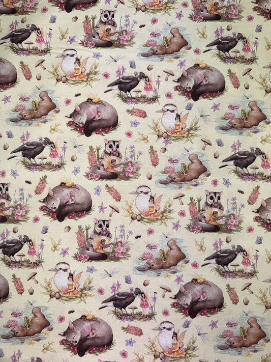 DV5606 Australian Fairy Friends Allover Fabric Cream background