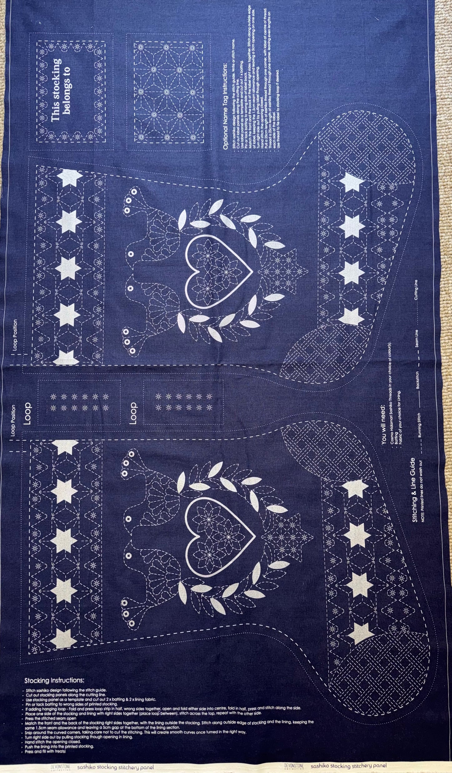 DVC1002 Sashiko Christmas Stocking Panel Navy with Silver Accents