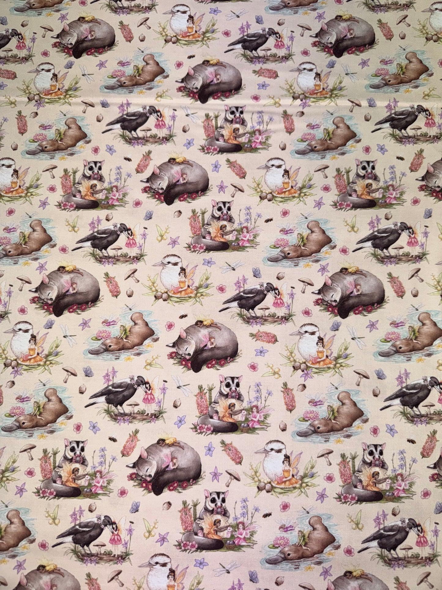 DV5601 Australian Fairy Friends Allover Fabric Lemon background
