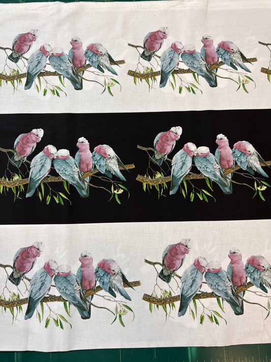 Natalie Jane Parker Fabric Border Print-Australian Birds on White and Black Background.