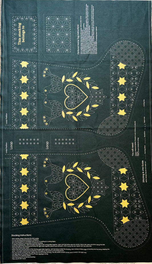 DVC1002 Sashiko Christmas Stocking Panel Green with Gold Accents