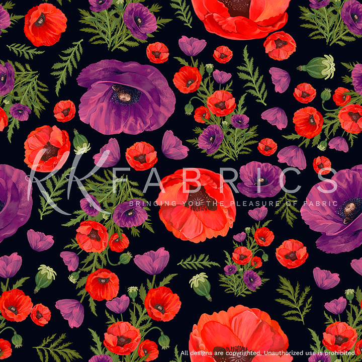 Red and Purple Poppies on Black Background