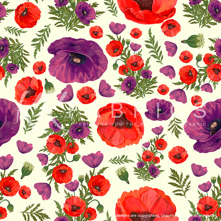 Red and Purple Poppies on Cream Background