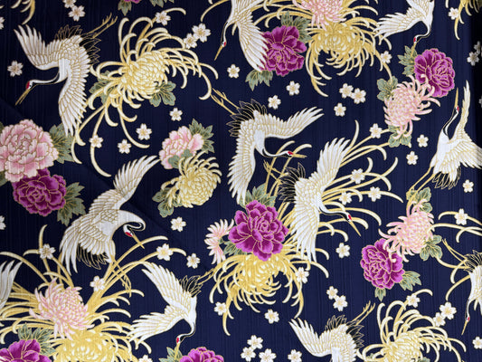 Japanese Cream Cranes and Flowers on Blue