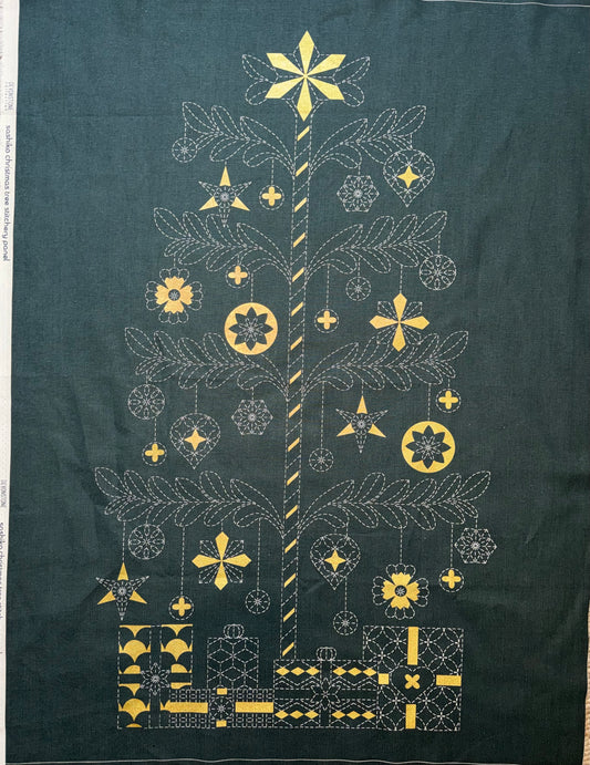 DVC1007 Sashiko Christmas Tree Panel Green with Gold Accents