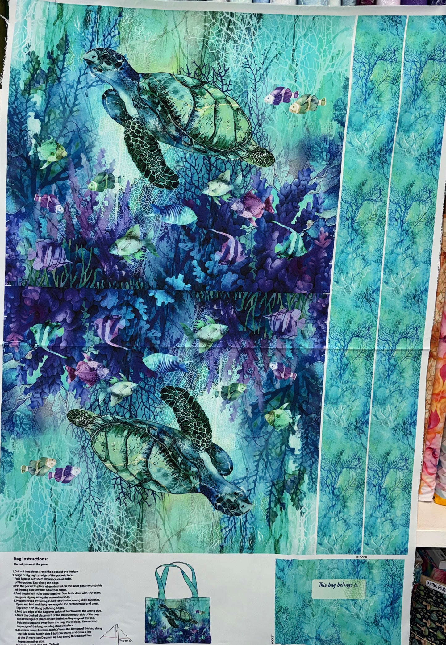 Coral Reef - Canvas Bag Panel - Turquoise Turtles.