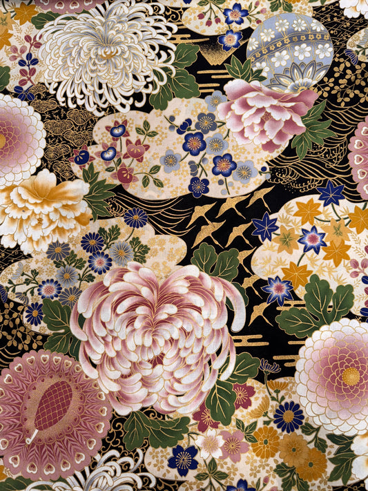 Japanese Maru Floral on Black background