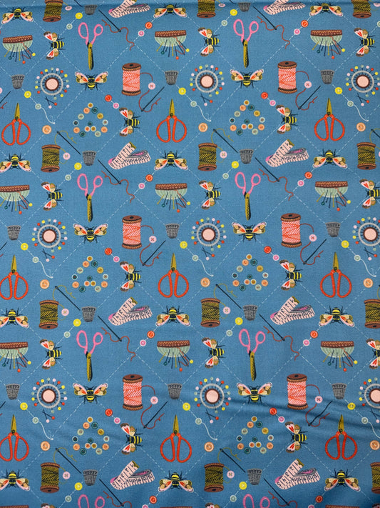 Country Sewing Club - Sewing Notions on Blue Background DV1037