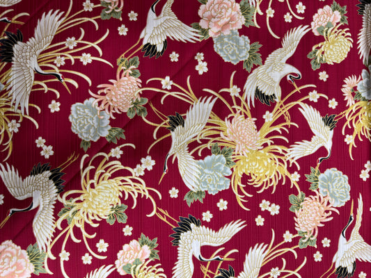 Japanese Cream Cranes and Flowers on Red
