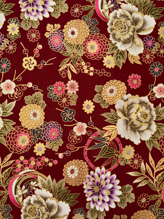 Kochi Red - Multicoloured Flowers with Gold Trim