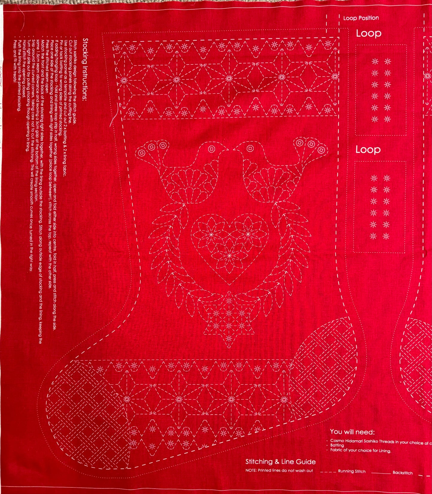 DVC1001 Sashiko Christmas Stocking Panel Red