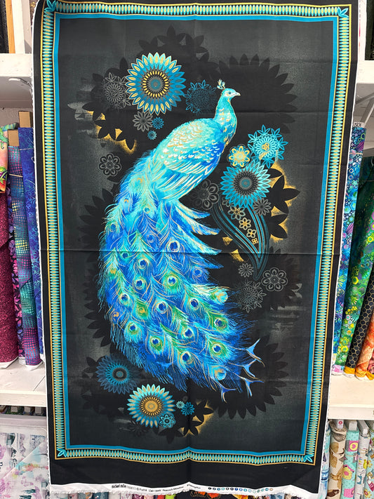 Peacock in Teal, Blue and Black Panel