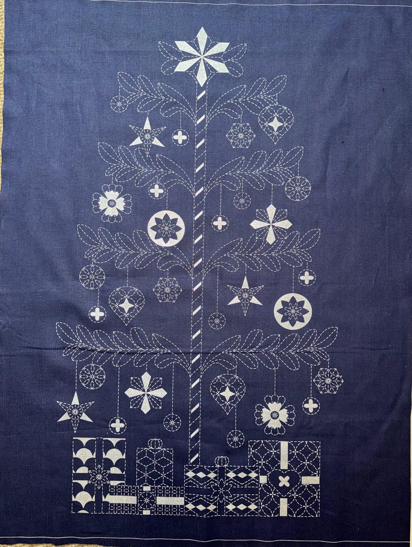 DVC1006 Sashiko Christmas Tree Panel Navy with Silver Accents