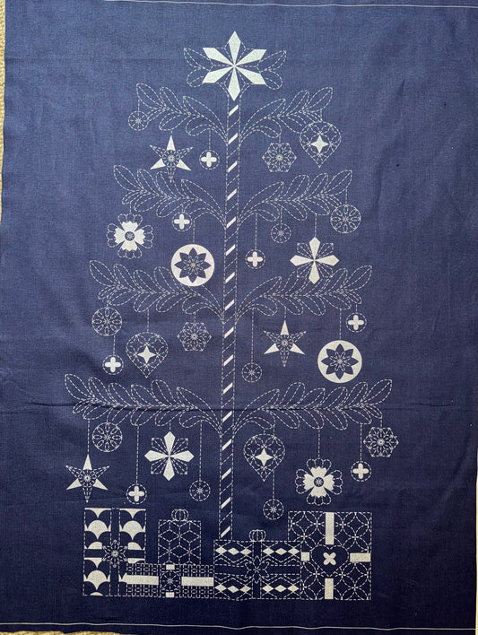 DVC1006 Sashiko Christmas Tree Panel Navy with Silver Accents