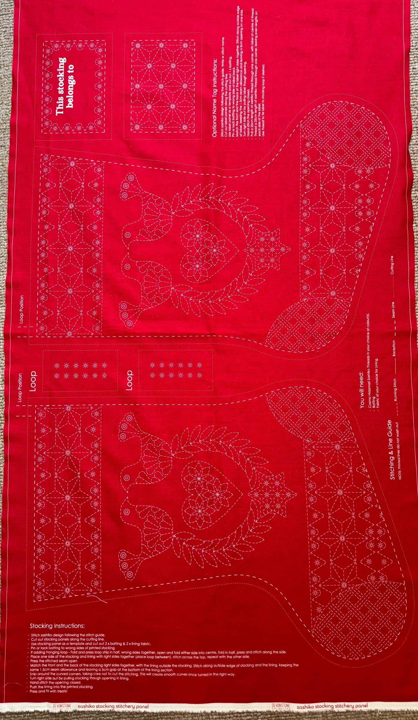 DVC1001 Sashiko Christmas Stocking Panel Red