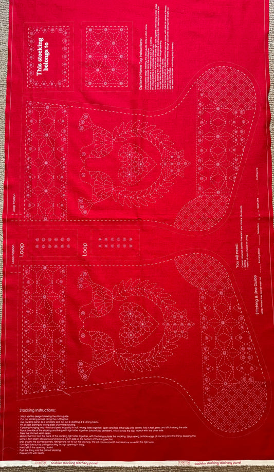 DVC1001 Sashiko Christmas Stocking Panel Red