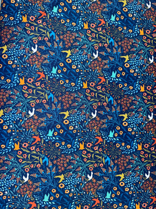 Whimsy - Flowers and Birds on a Blue background