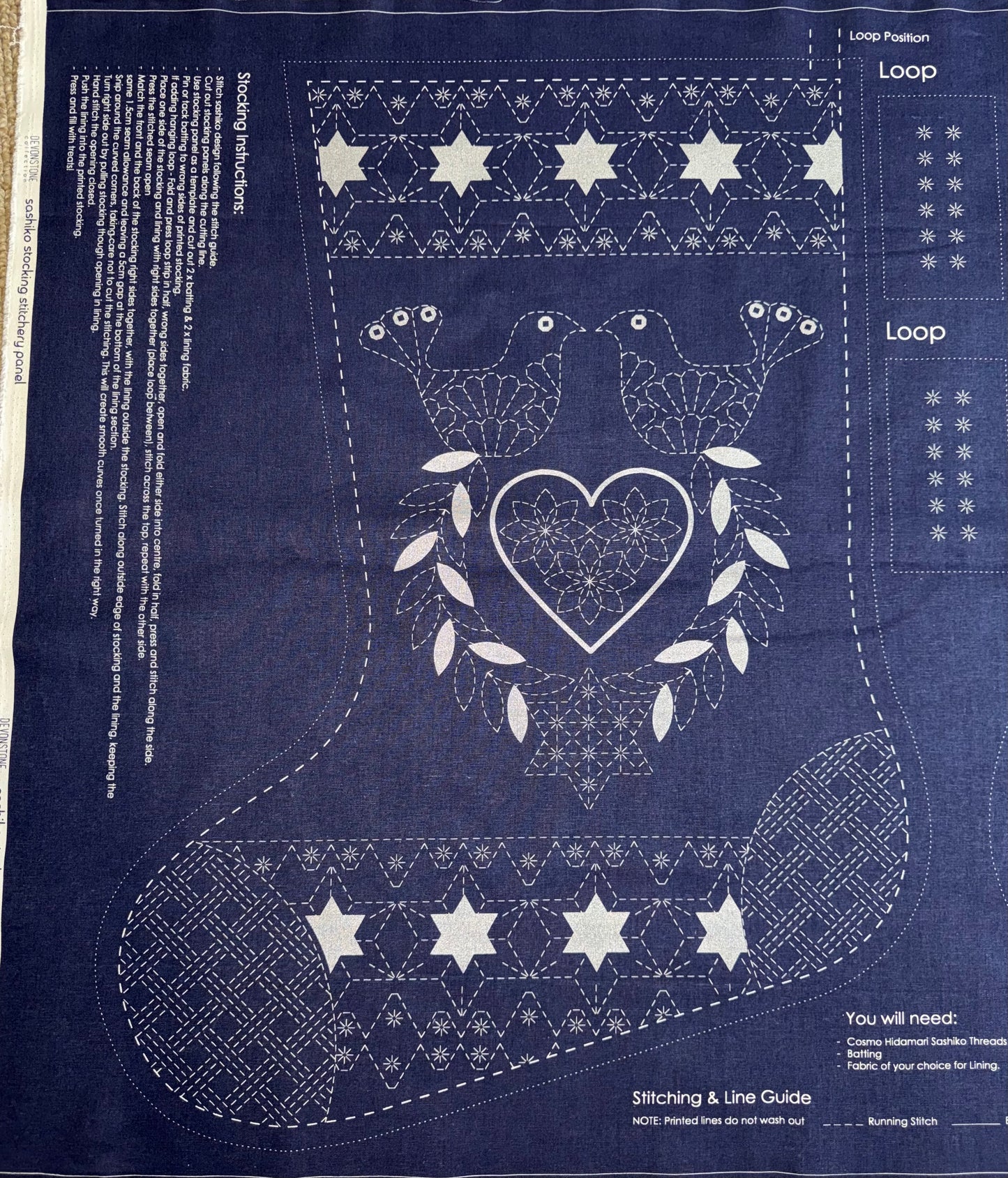 DVC1002 Sashiko Christmas Stocking Panel Navy with Silver Accents