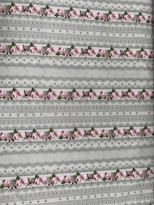 Stof Silva-Rose Pink Border on Grey