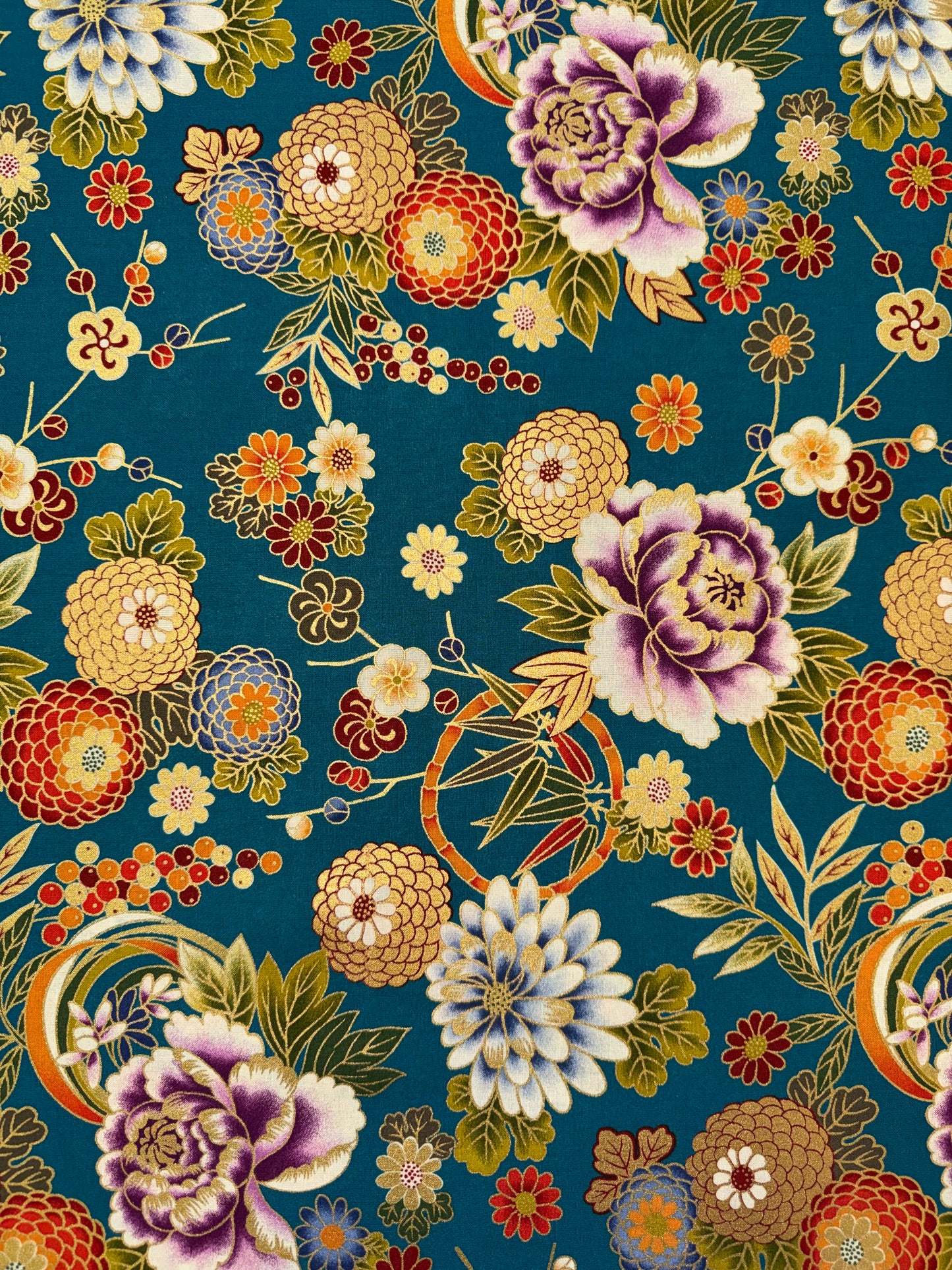Kochi Teal - Multicoloured Flowers with Gold Trim