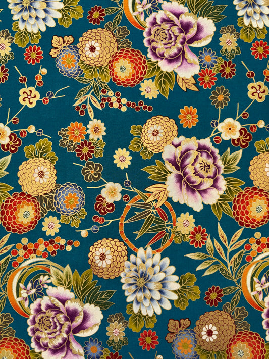 Kochi Teal - Multicoloured Flowers with Gold Trim