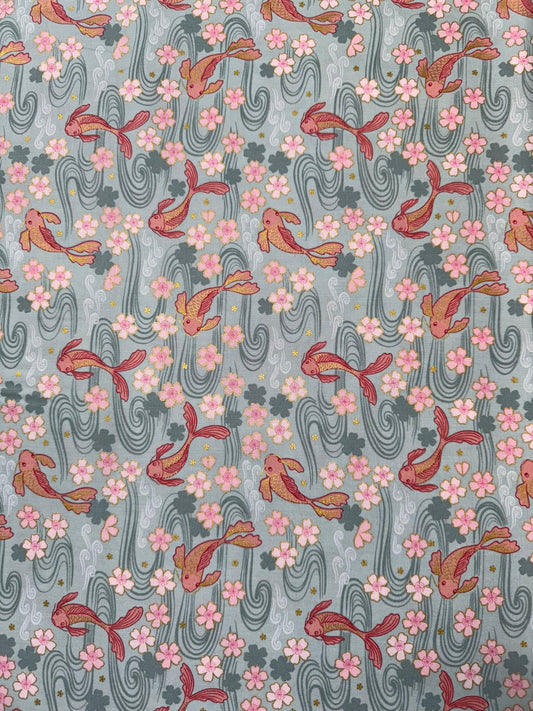 Sakura Koi Fish on Blue fabric