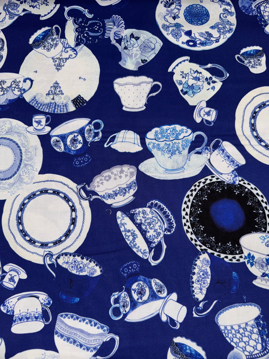 Tea House - Blue and White Teacups on Delft Blue Background
