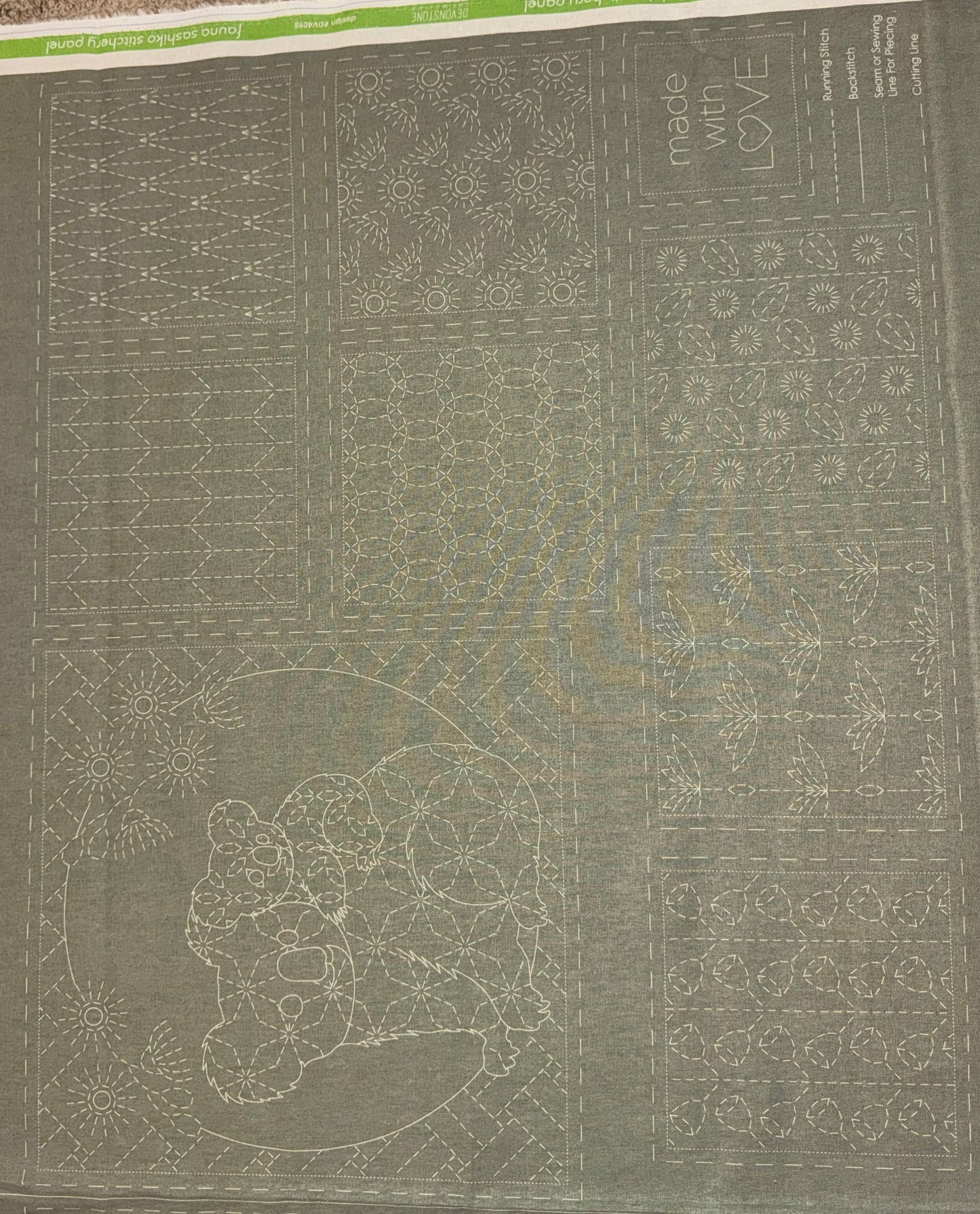 DV4098 Sashiko Fauna Panel in Kentucky Green