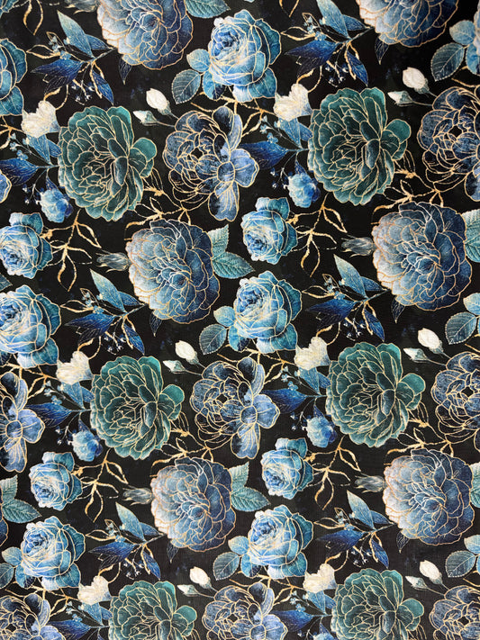 Gilded Wings - Allover on Dark - Blue Flowers